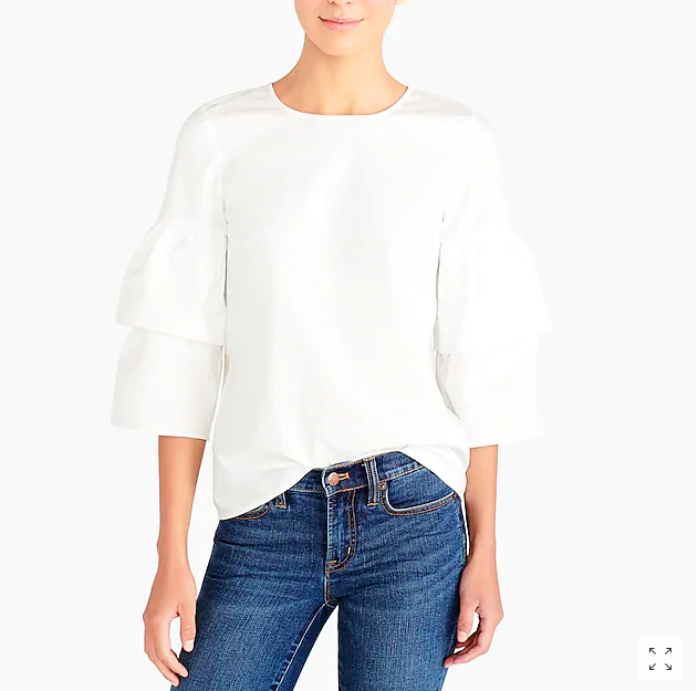 This top is only $10 and I can always use a great basic white blouse with a fun detail like these tiered sleeves. Also comes in black.