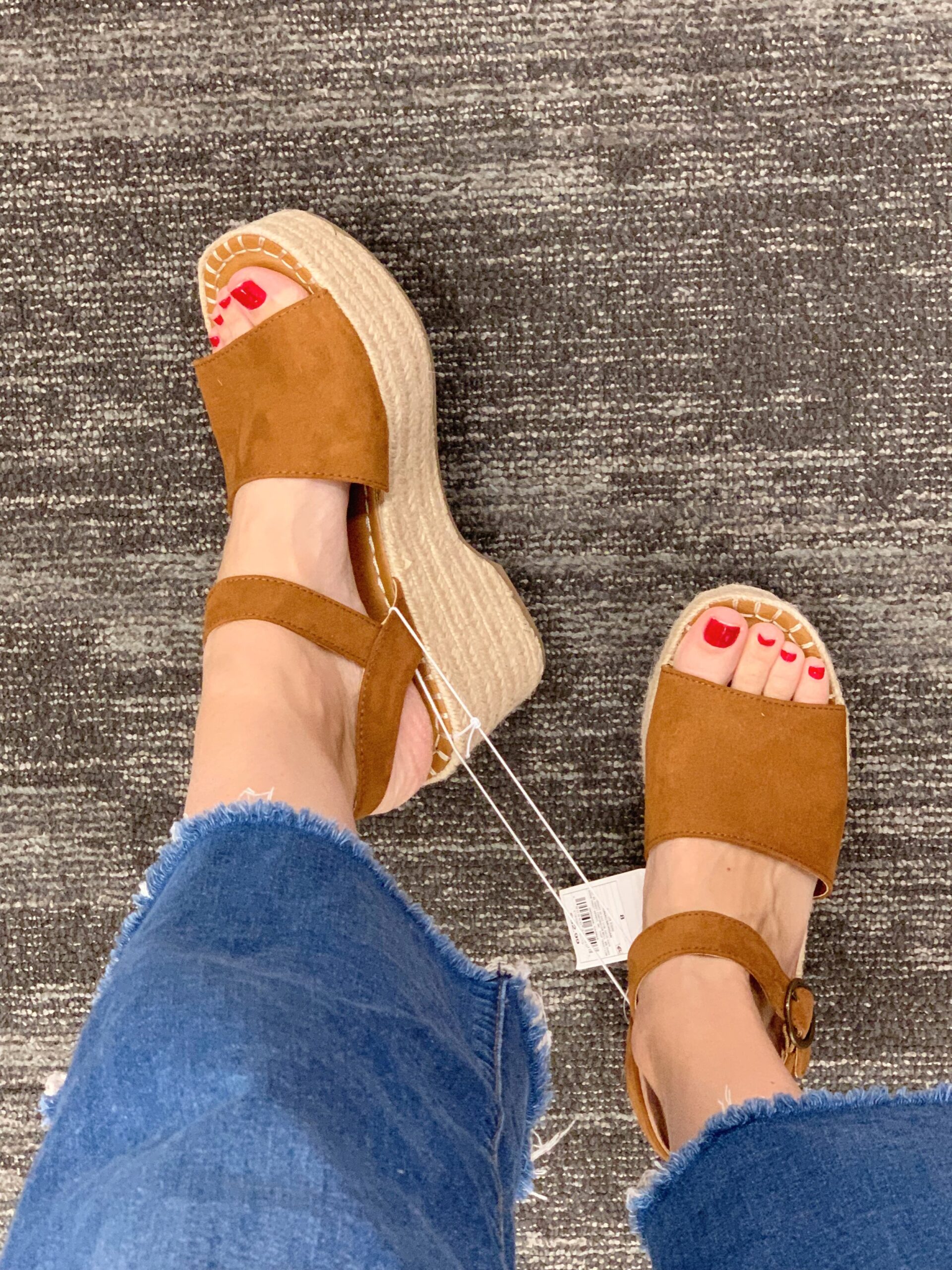 I have been admiring these at a distance for a few weeks and finally decided to try them on today. I love a platform espadrille and these were really comfortable too. They also come in blue, black, orange and leopard (which is sold out online).