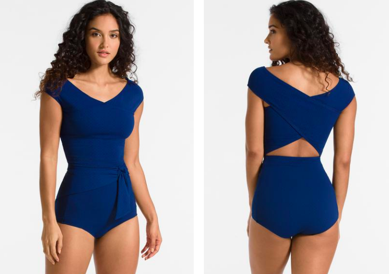Another two piece that looks like a one piece that is such a pretty silhouette. High waisted bottom and again, no tugging in the crotch area if you have a long torso.