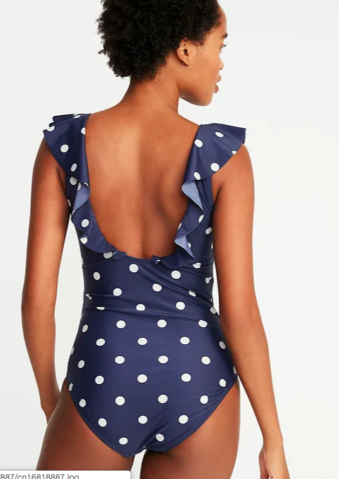 Here’s the back of that same suit, in a polka dot pattern.