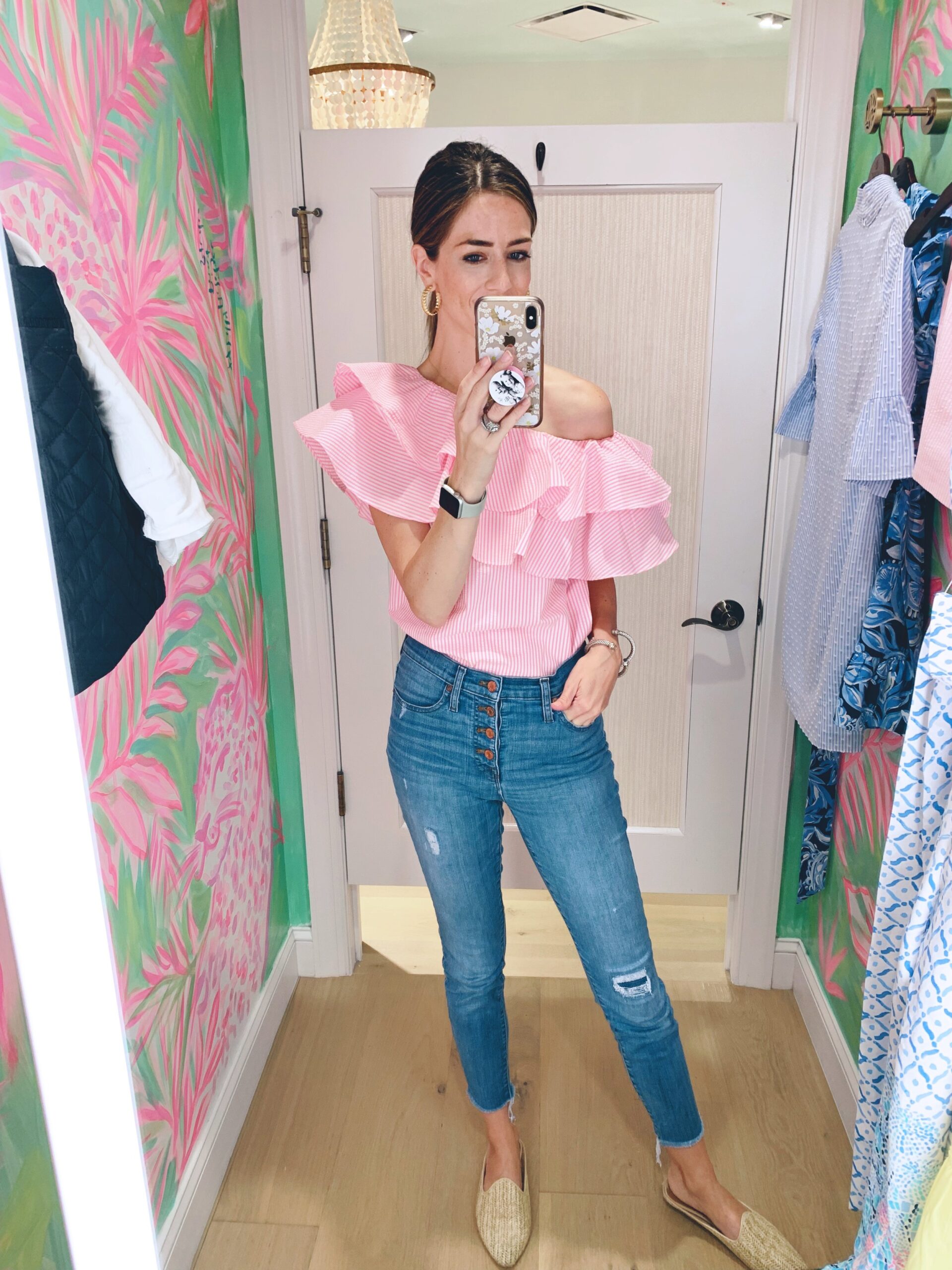 Talk about a statement top! I fell in love with this as soon as I put it on. It’s somewhat hard to tell in the photo but its a pink seersucker material. You could wear it like I have it styled here with denim (or white denim), shorts, or tucked into…