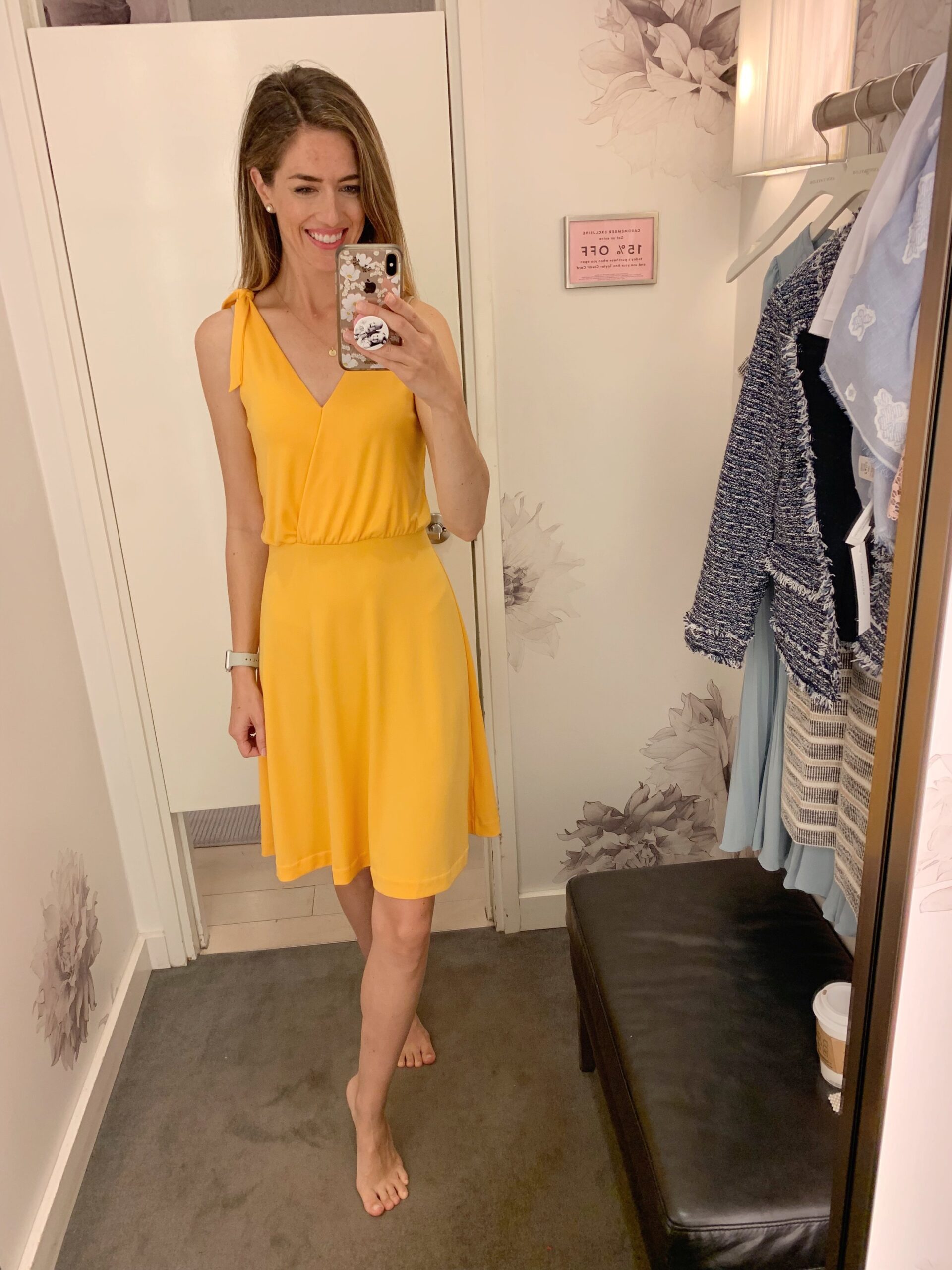 I thought this golden yellow color was so pretty and it was super comfy on. It’s certainly not a color I have in my closet and it could be a great late summer/early fall transitional piece with a denim jacket. I would suggest wearing a slip undernea…