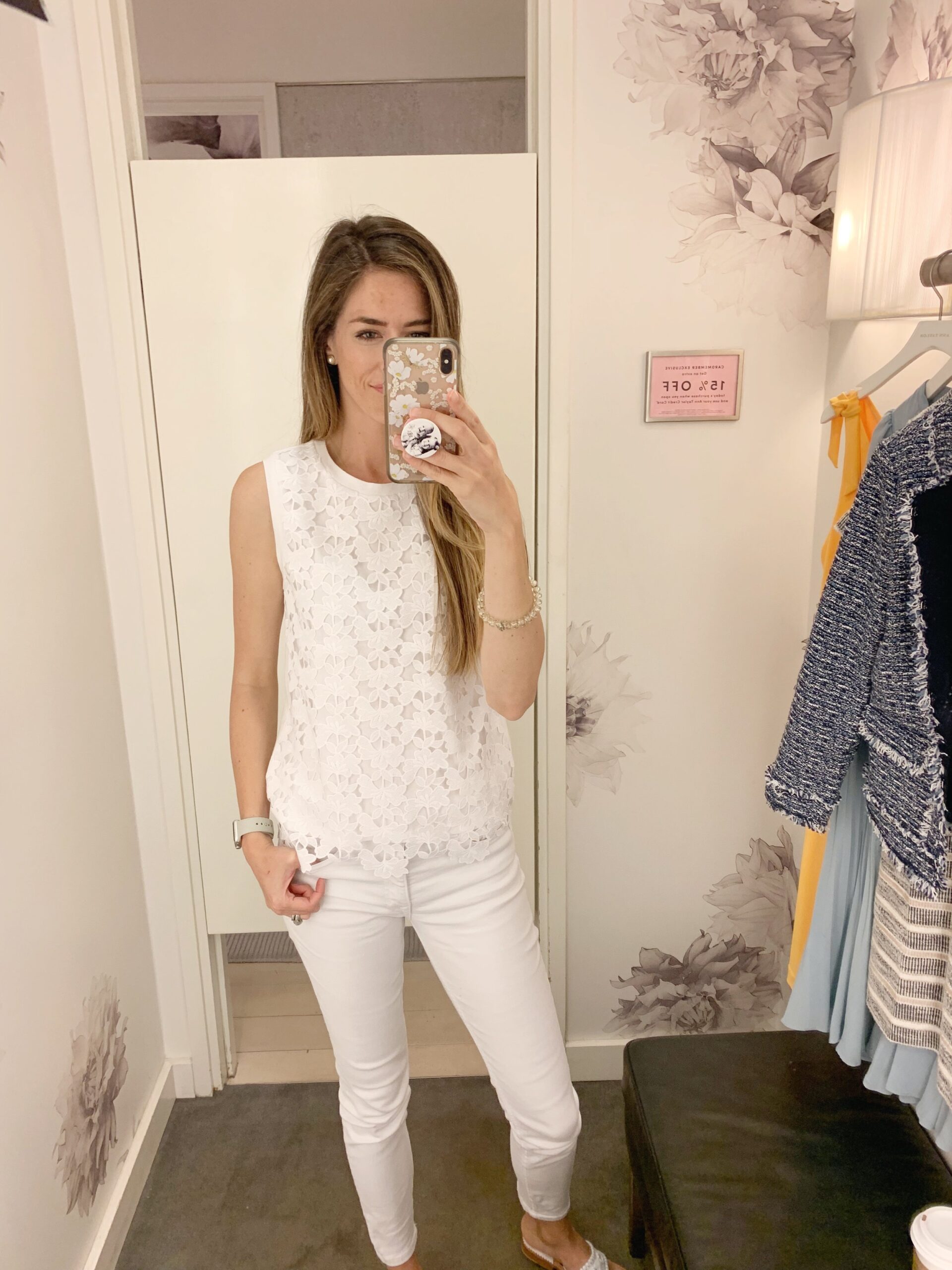 This lace shell is a great alternative to a basic white top. The back is a not lace and it also comes in navy with a white lace overlay. The sale price is $49 $49 plus the additional 50%/60%/70% off depending on how many items you purchase. (70% off…