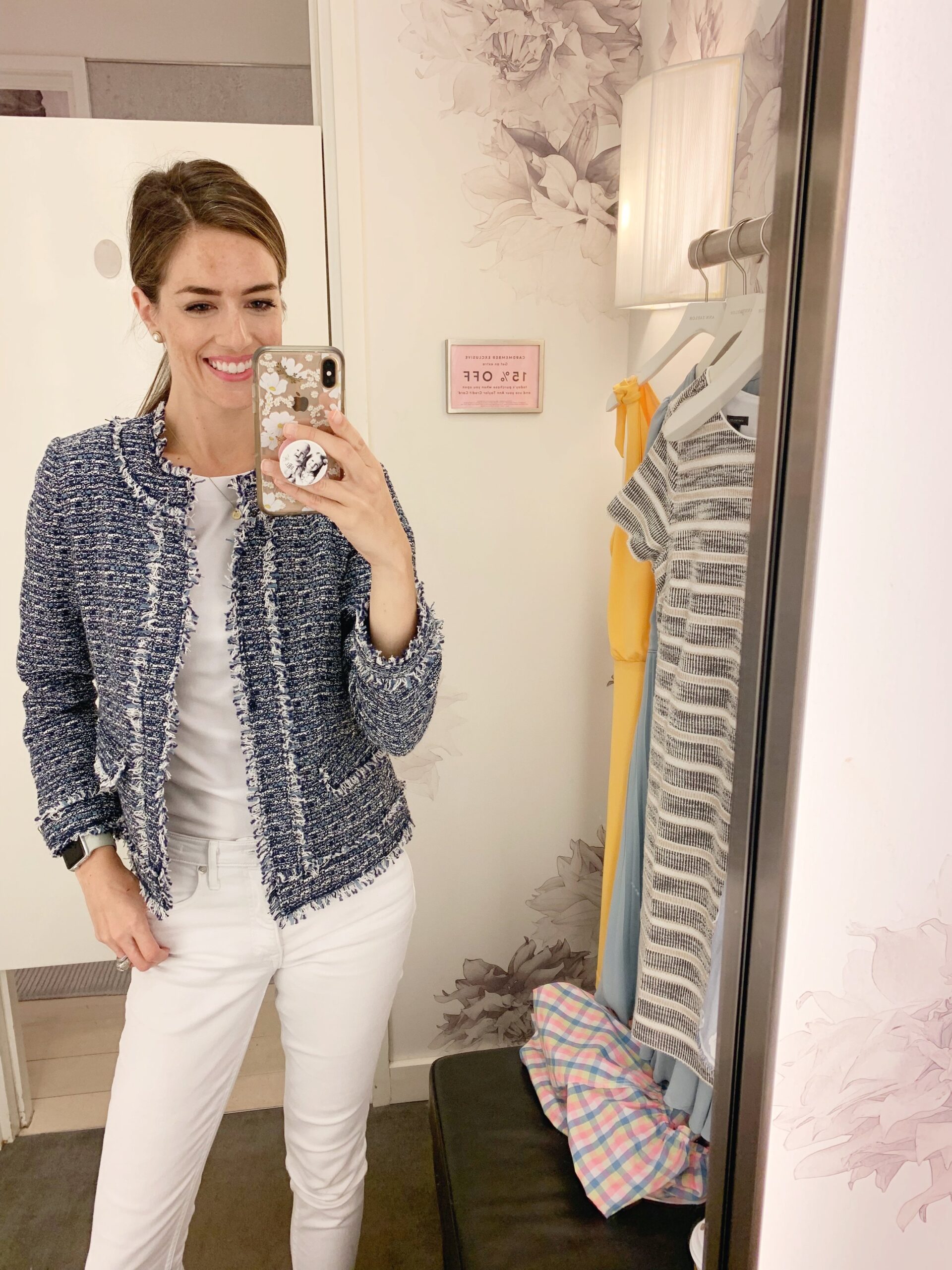 This jacket is timeless and I loved the blue/white combo. It would look great paired with dark wash denim and loafers or you could get the matching skirt for a more formal look. The shirt I’m wearing underneath is the boatneck luxe tee and is the ul…