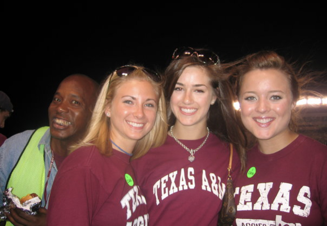 My friends Emily and Claire,(and a random photo bomber with a hotdog) at a game our freshman year. This was 2005 and taken on my digital camera :)