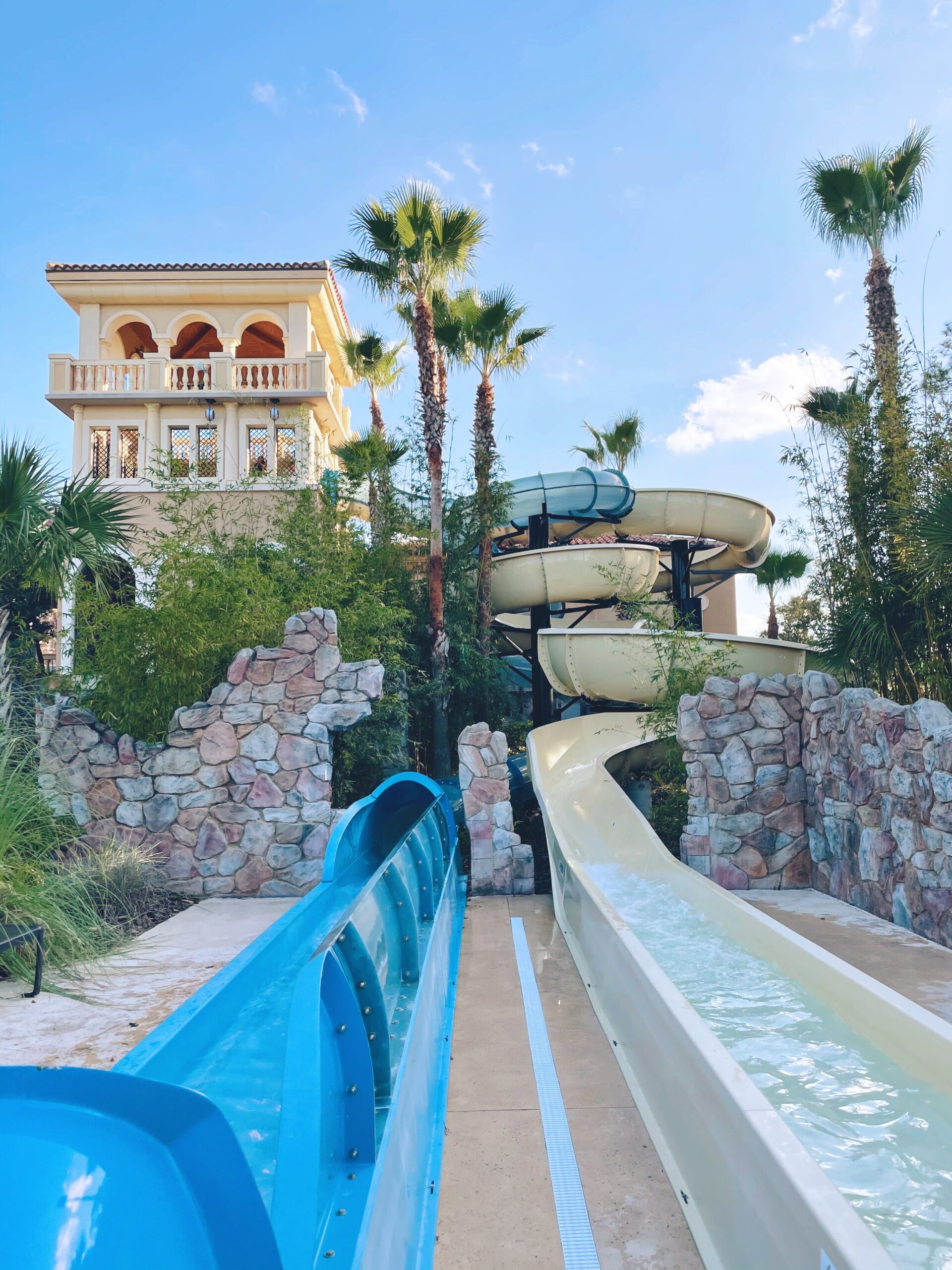 Two incredible water slides! You can’t see it in this photo, but there is also a rock wall just to left of the water slide.